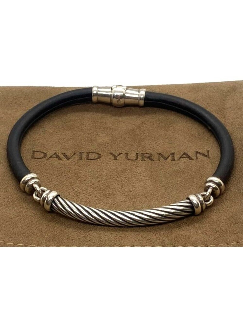 David Yurman Sterling Silver 925 Black Leather Bracelet 7.5"
